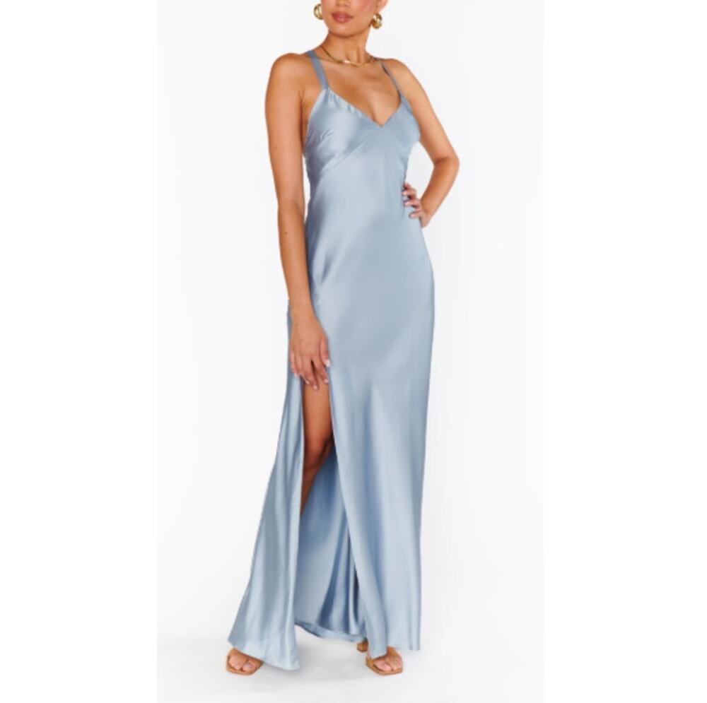 Show Me Your MuMu Satin Light Blue Maxi Slip Dress with Side Slit